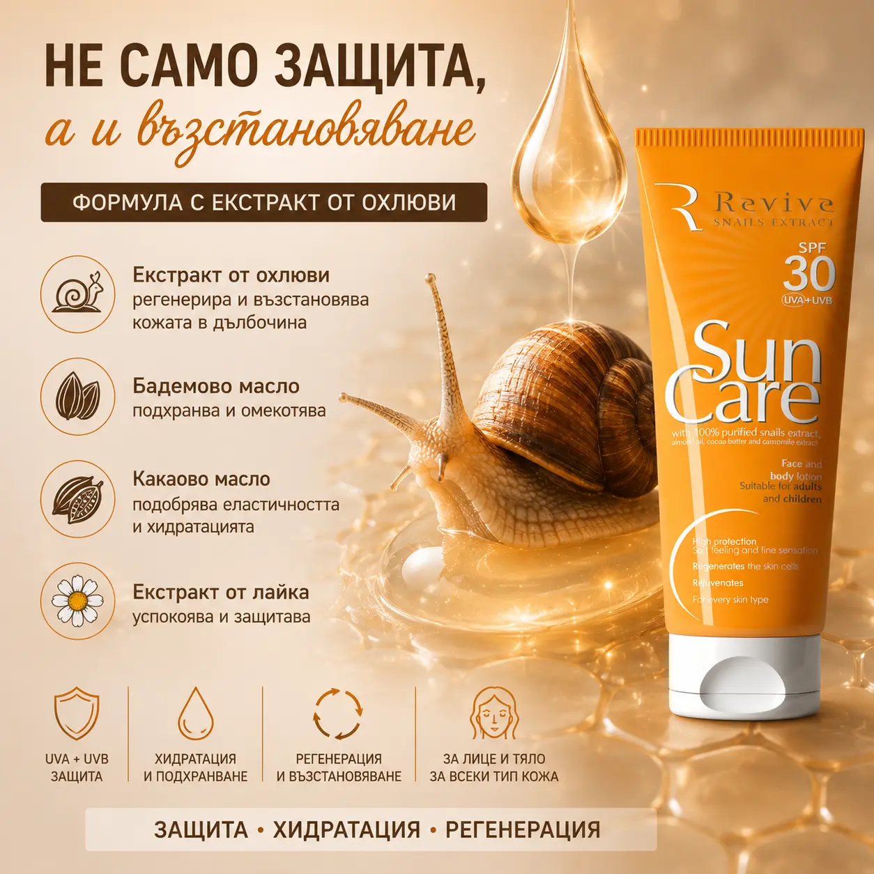 Revive Snails Extract Sun Care слънцезащитен лосион за тяло с екстракт от охлюви и защита SPF30 SPF50