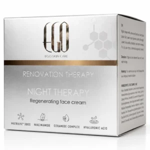 RENOVATION THERAPY Night Cream През нощта кожата преминава в активна фаза на възстановяване. NIGHT THERAPY е създаден да подпомогне този естествен процес чрез комбинация от високоефективни активни съставки. MATRIXYL® 3000 стимулира синтеза на колаген I и III и спомага за намаляване на видимите признаци на стареене. Комплексът от серамиди възстановява естествената липидна бариера на кожата и подпомага задържането на влагата. Многостепенната хиалуронова киселина осигурява дълбока и повърхностна хидратация и възстановява хидробаланса на кожата